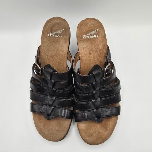 DANSKO Dina Black Leather Block Heel Slip On Comfy Sandals  Dansko Dina black leather strappy chunky heels size 39 sandals buckle faux wood